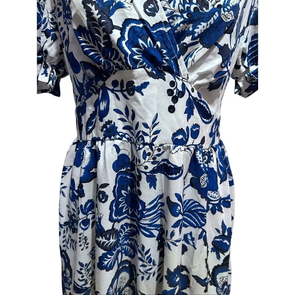 Blue & White Floral Puff Sleeve Flowy Midi Dress Smocked Waist M NWOT - Picture 6 of 13